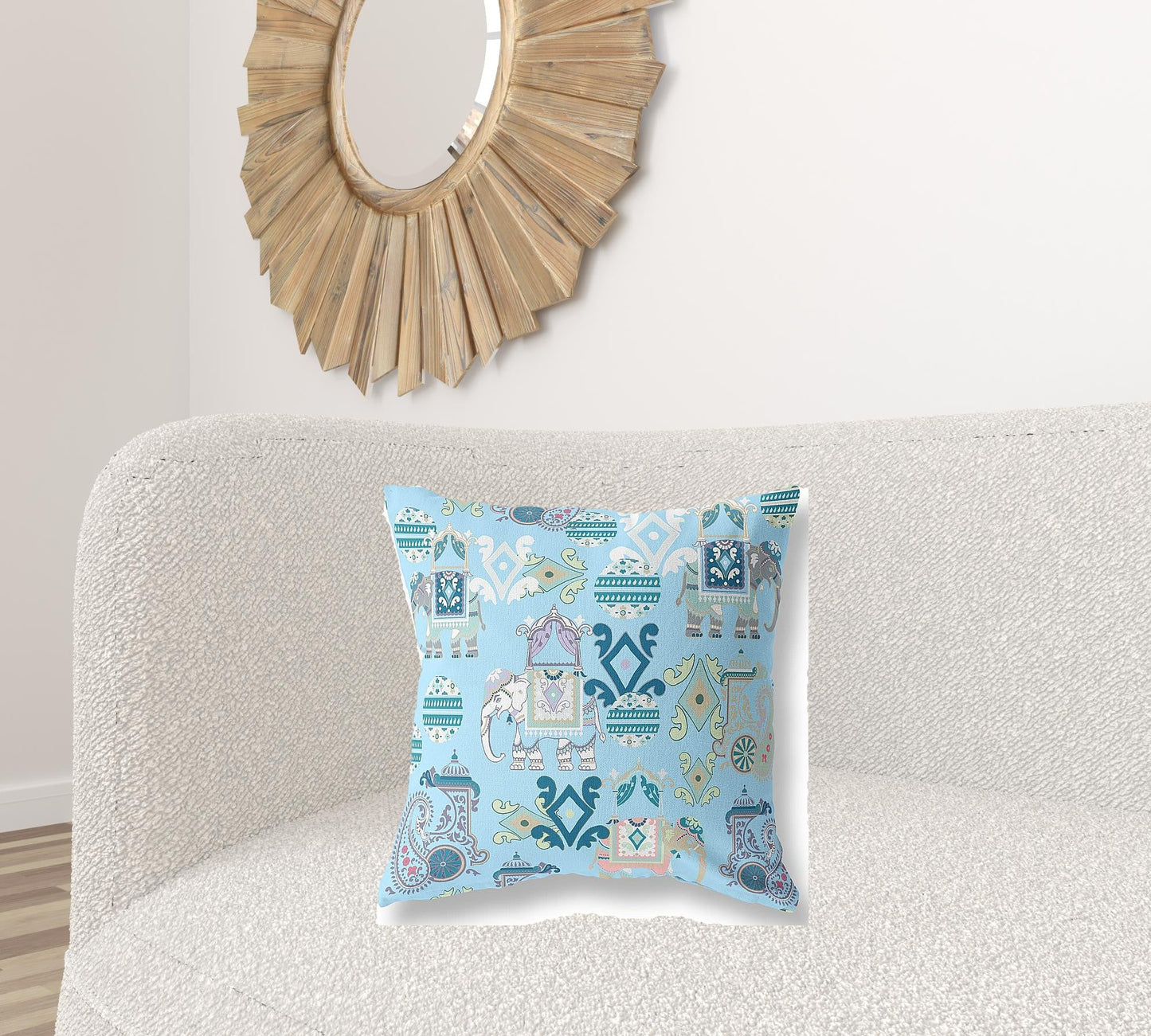 20" X 20" Sky Blue And White Paisley Blown Seam Suede Throw Pillow FurniFindUSA