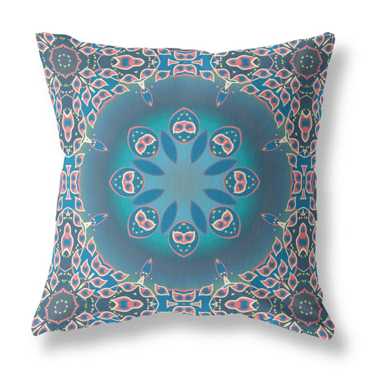 20" X 20" Blue And Pink Geometric Blown Seam Suede Throw Pillow FurniFindUSA