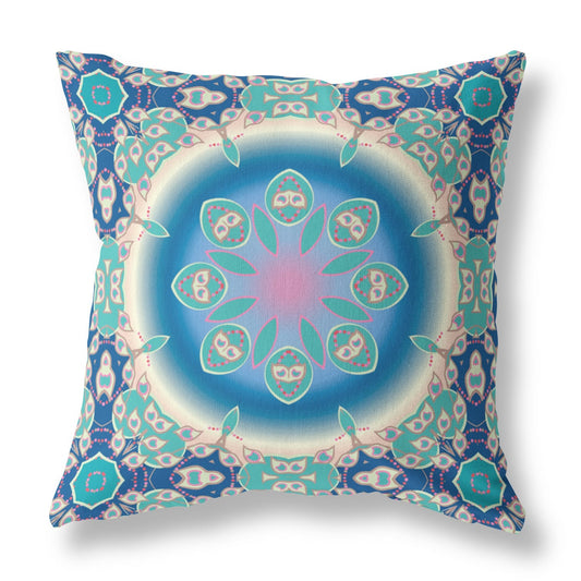 20" X 20" Blue And Turquoise Geometric Blown Seam Suede Throw Pillow FurniFindUSA