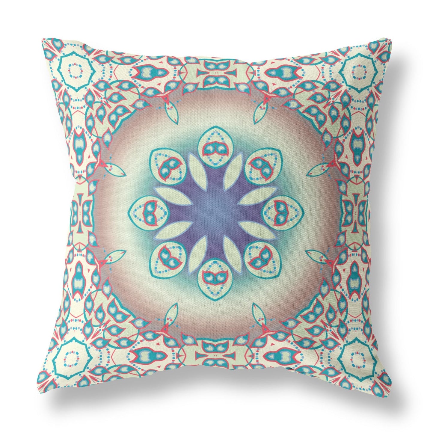 20" X 20" Beige And Blue Geometric Blown Seam Suede Throw Pillow FurniFindUSA