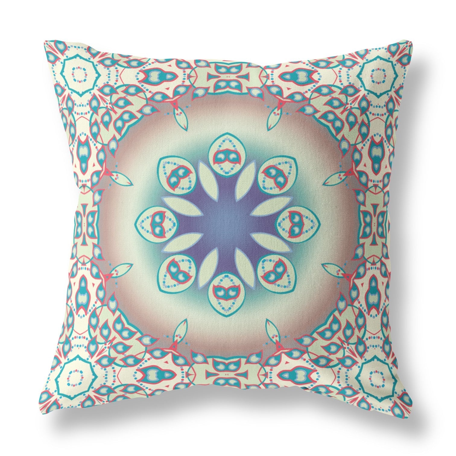 20" X 20" Beige And Blue Geometric Blown Seam Suede Throw Pillow FurniFindUSA