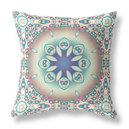 20" X 20" Beige And Blue Geometric Blown Seam Suede Throw Pillow FurniFindUSA