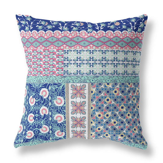 20"X20" Blue And Pink Microsuede Patchwork Blown Seam Pillow 5.0" (L) x 20.0" (W) x 20.0" (H) FurniFindUSA