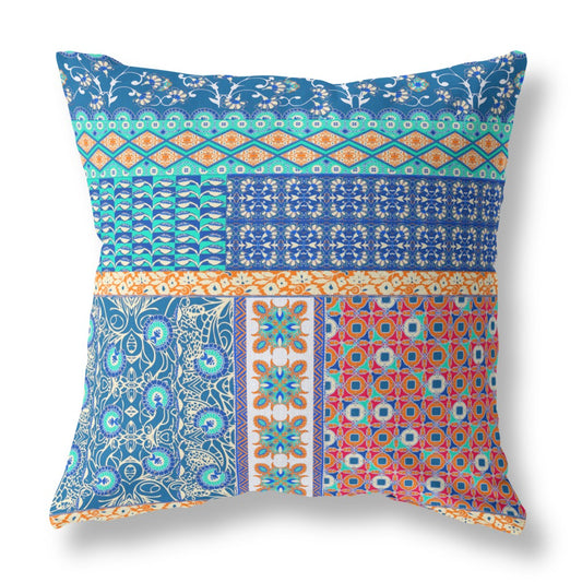 20"X20" Blue And Orange Microsuede Patchwork Blown Seam Pillow 5.0" (L) x 20.0" (W) x 20.0" (H) FurniFindUSA