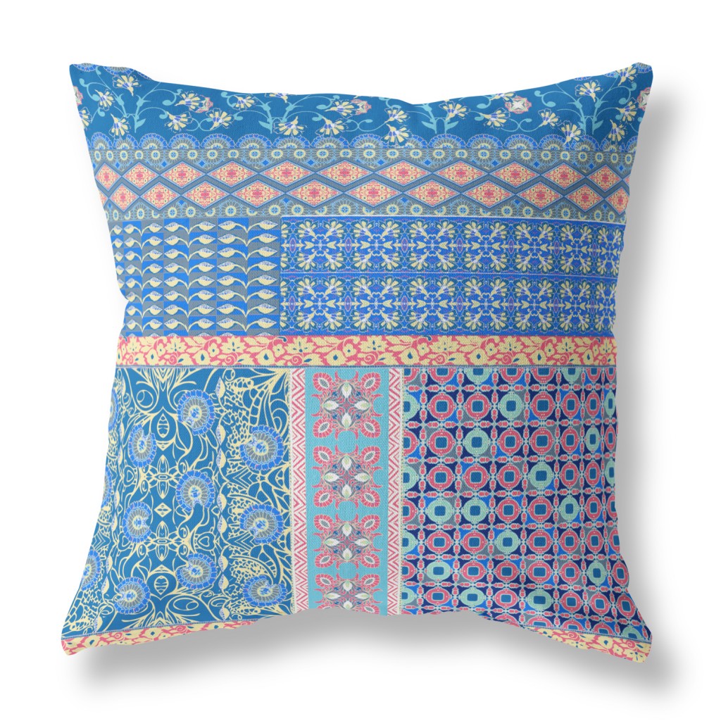20"X20" Blue And Yellow Microsuede Patchwork Blown Seam Pillow 5.0" (L) x 20.0" (W) x 20.0" (H) FurniFindUSA