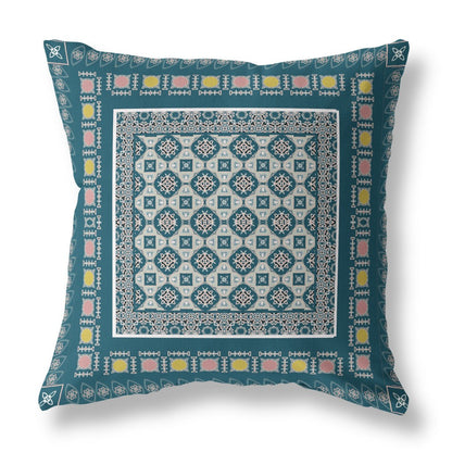 20" X 20" Blue And Beige Floral Blown Seam Suede Throw Pillow FurniFindUSA