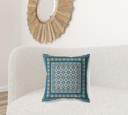 20" X 20" Blue And Beige Floral Blown Seam Suede Throw Pillow FurniFindUSA