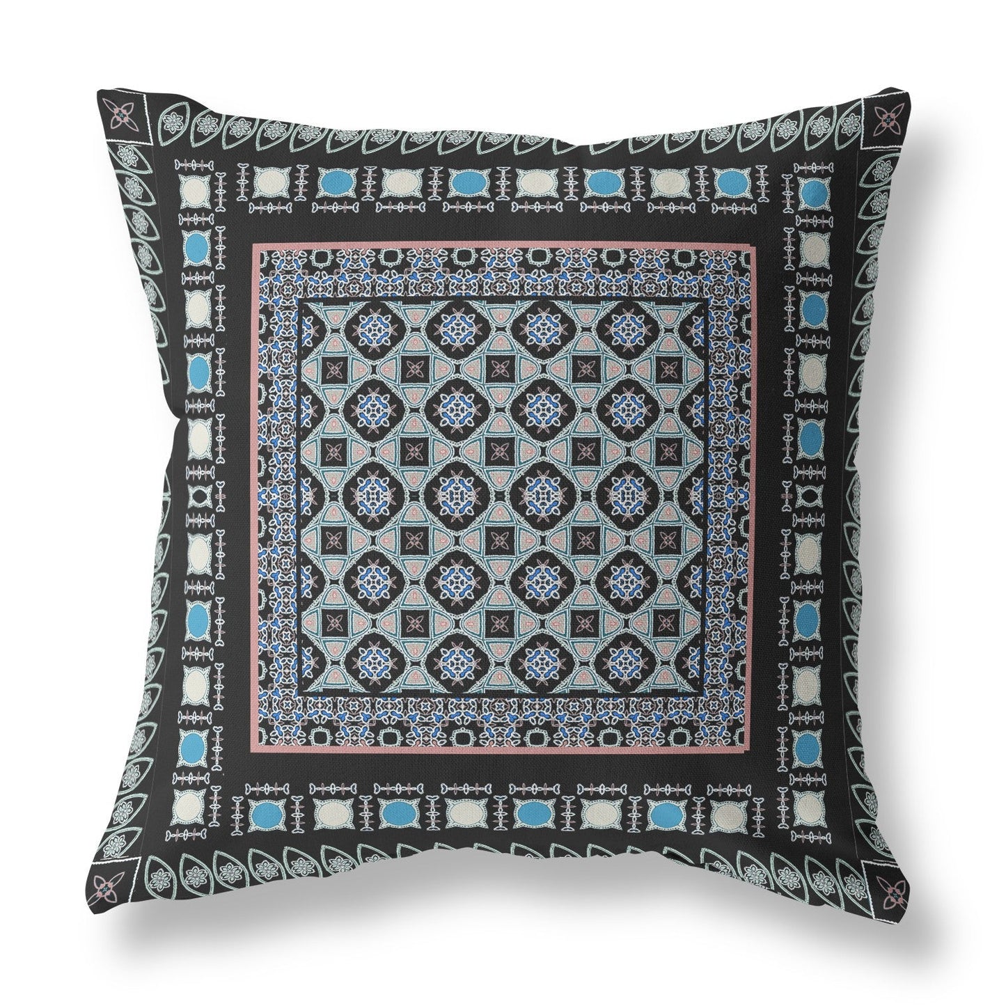 20" X 20" Black And Blue Floral Blown Seam Suede Throw Pillow FurniFindUSA
