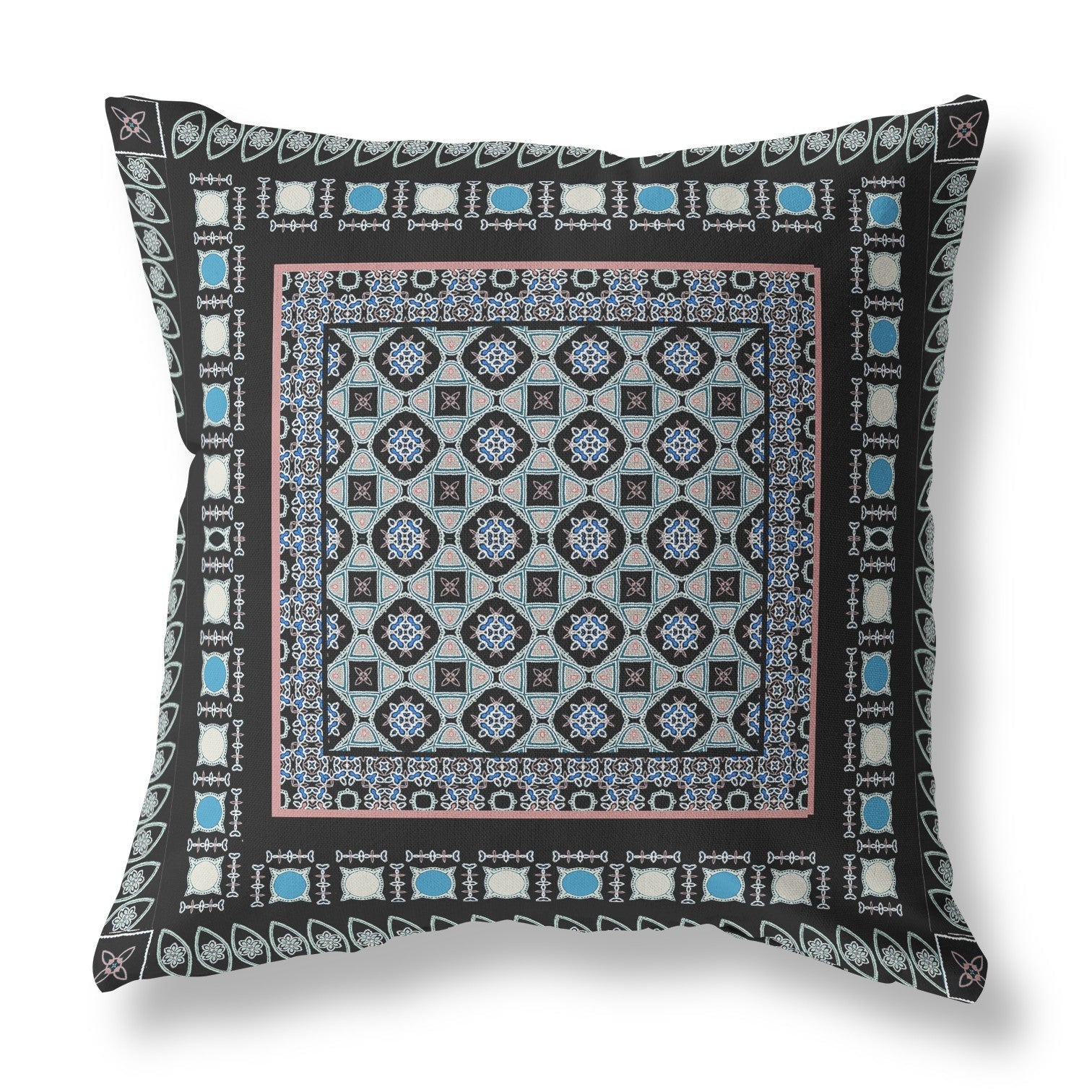 20" X 20" Black And Blue Floral Blown Seam Suede Throw Pillow FurniFindUSA