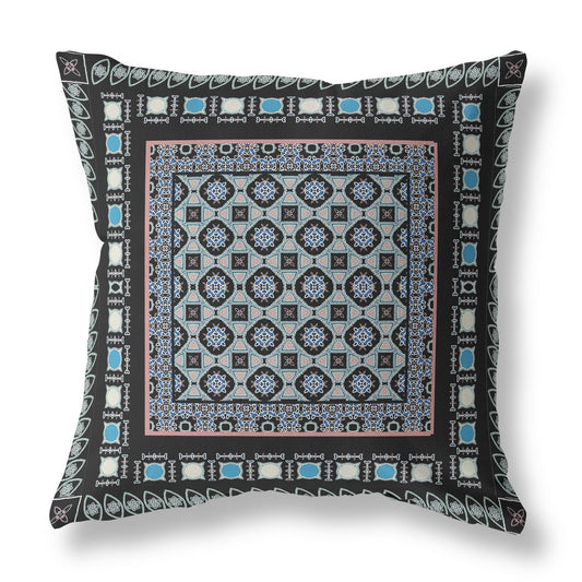 20" X 20" Black And Blue Floral Blown Seam Suede Throw Pillow FurniFindUSA