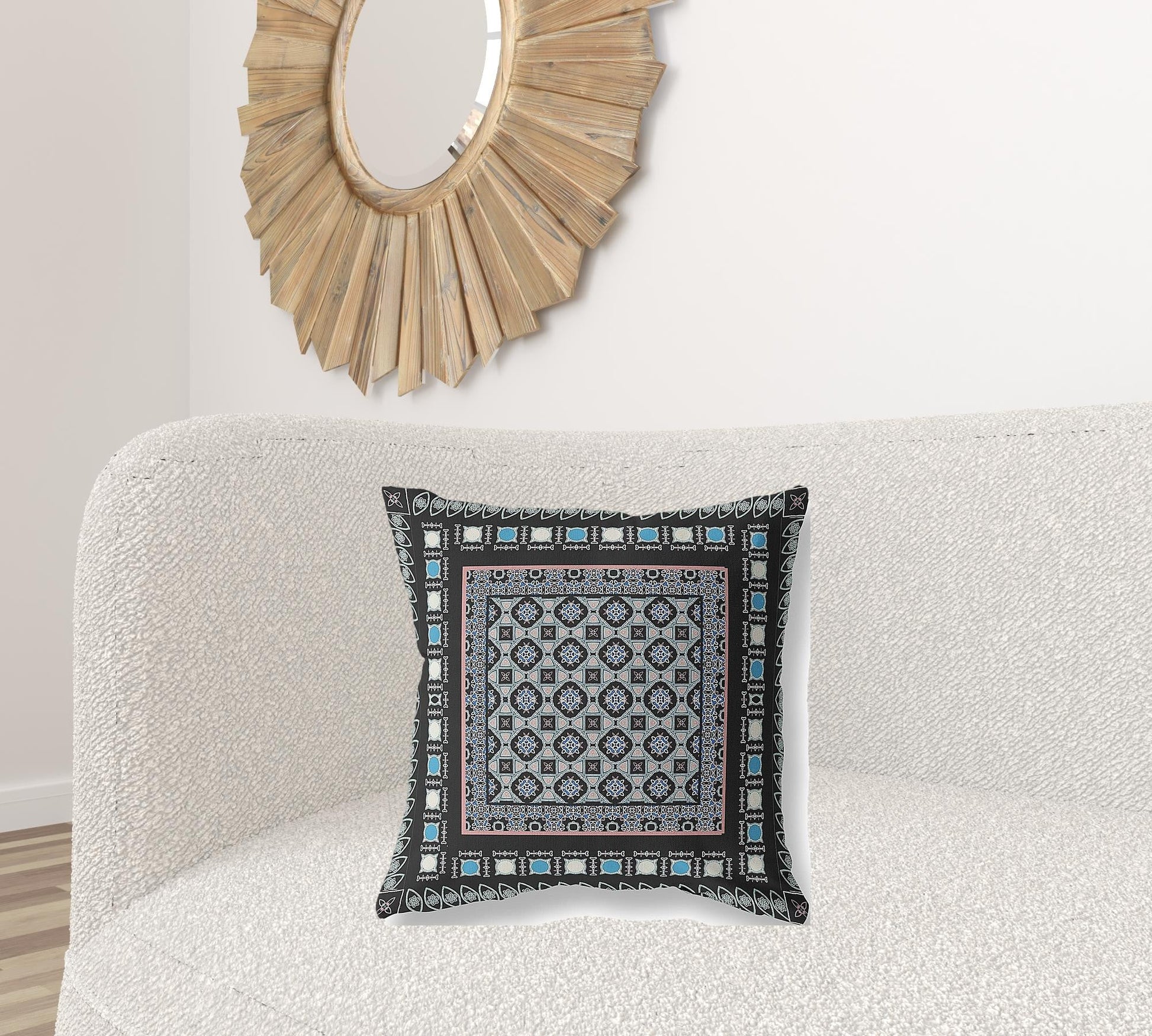 20" X 20" Black And Blue Floral Blown Seam Suede Throw Pillow FurniFindUSA