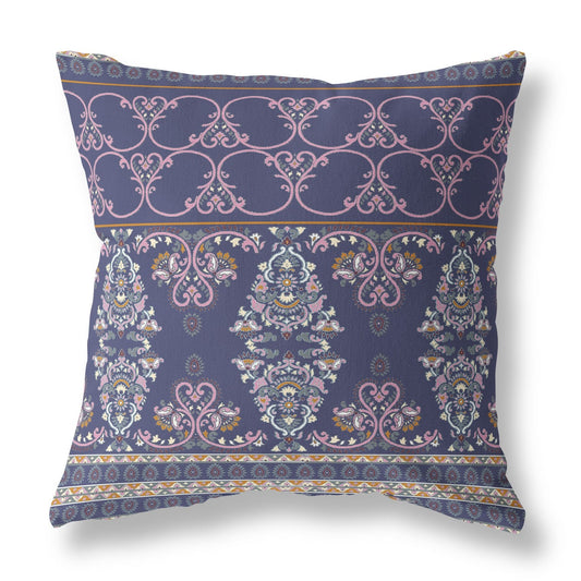 20" X 20" Blue And Pink Stencil Blown Seam Suede Throw Pillow FurniFindUSA