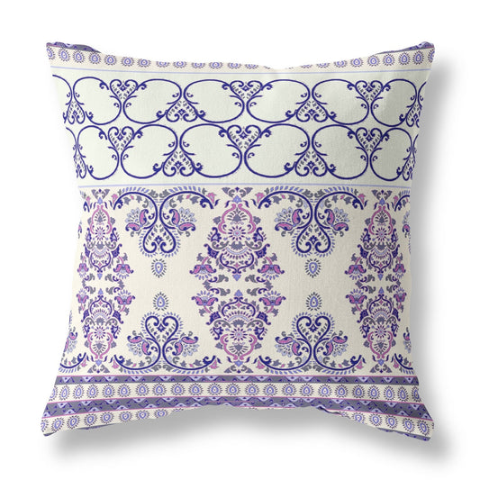 20" X 20" White And Purple Stencil Blown Seam Suede Throw Pillow FurniFindUSA