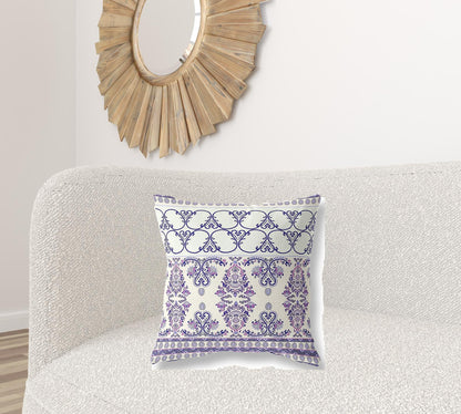 20" X 20" White And Purple Stencil Blown Seam Suede Throw Pillow FurniFindUSA