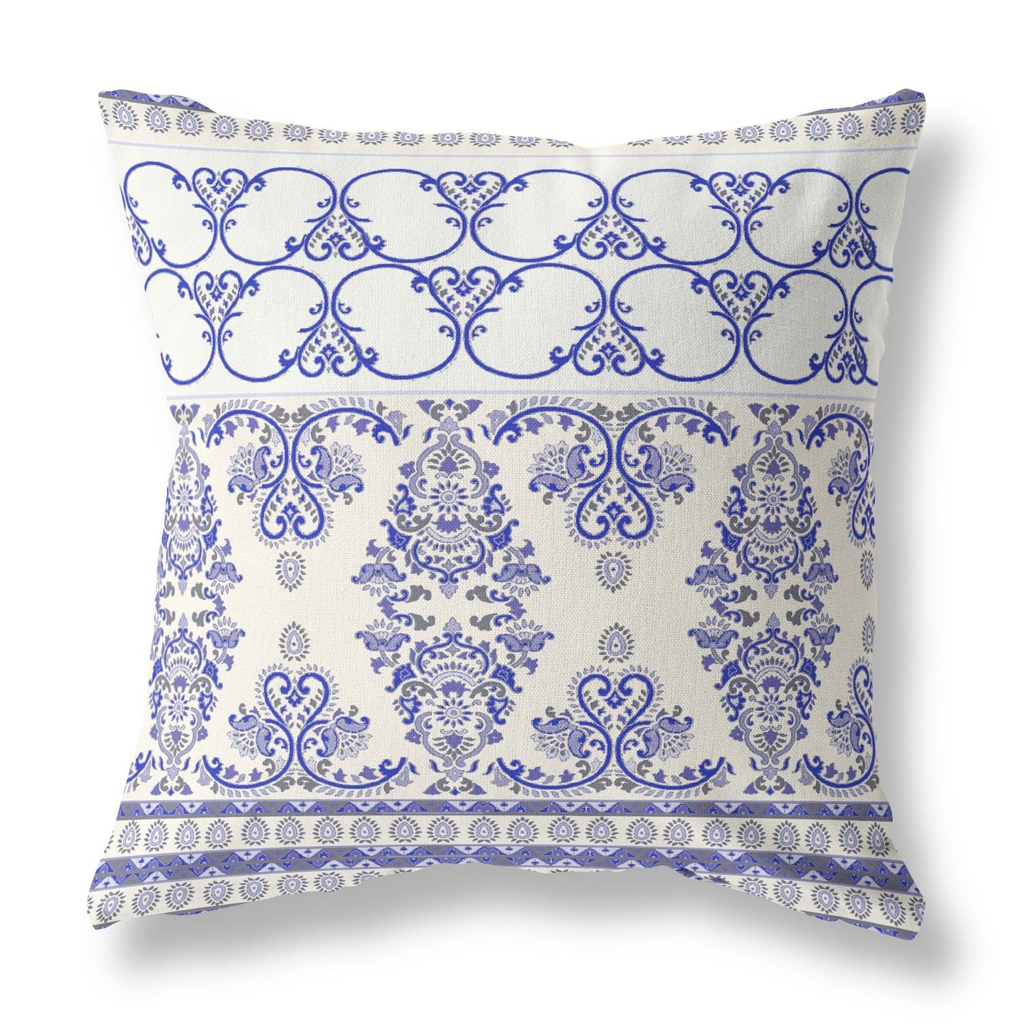 20" X 20" White And Blue Stencil Blown Seam Suede Throw Pillow FurniFindUSA