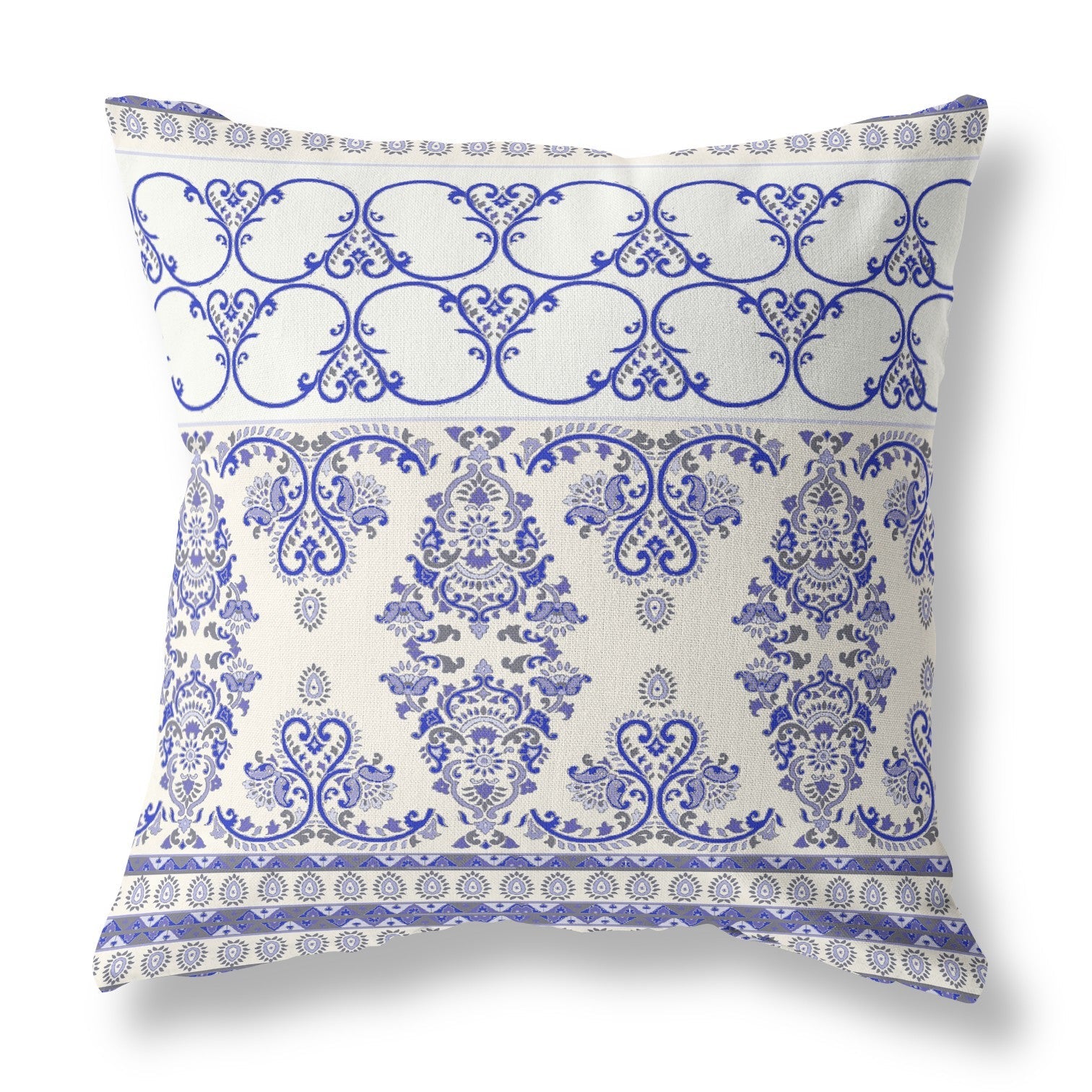 20" X 20" White And Blue Stencil Blown Seam Suede Throw Pillow FurniFindUSA