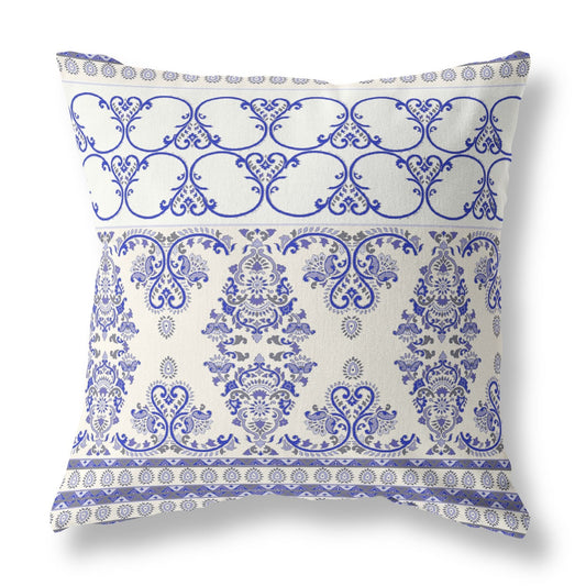 20" X 20" White And Blue Stencil Blown Seam Suede Throw Pillow FurniFindUSA