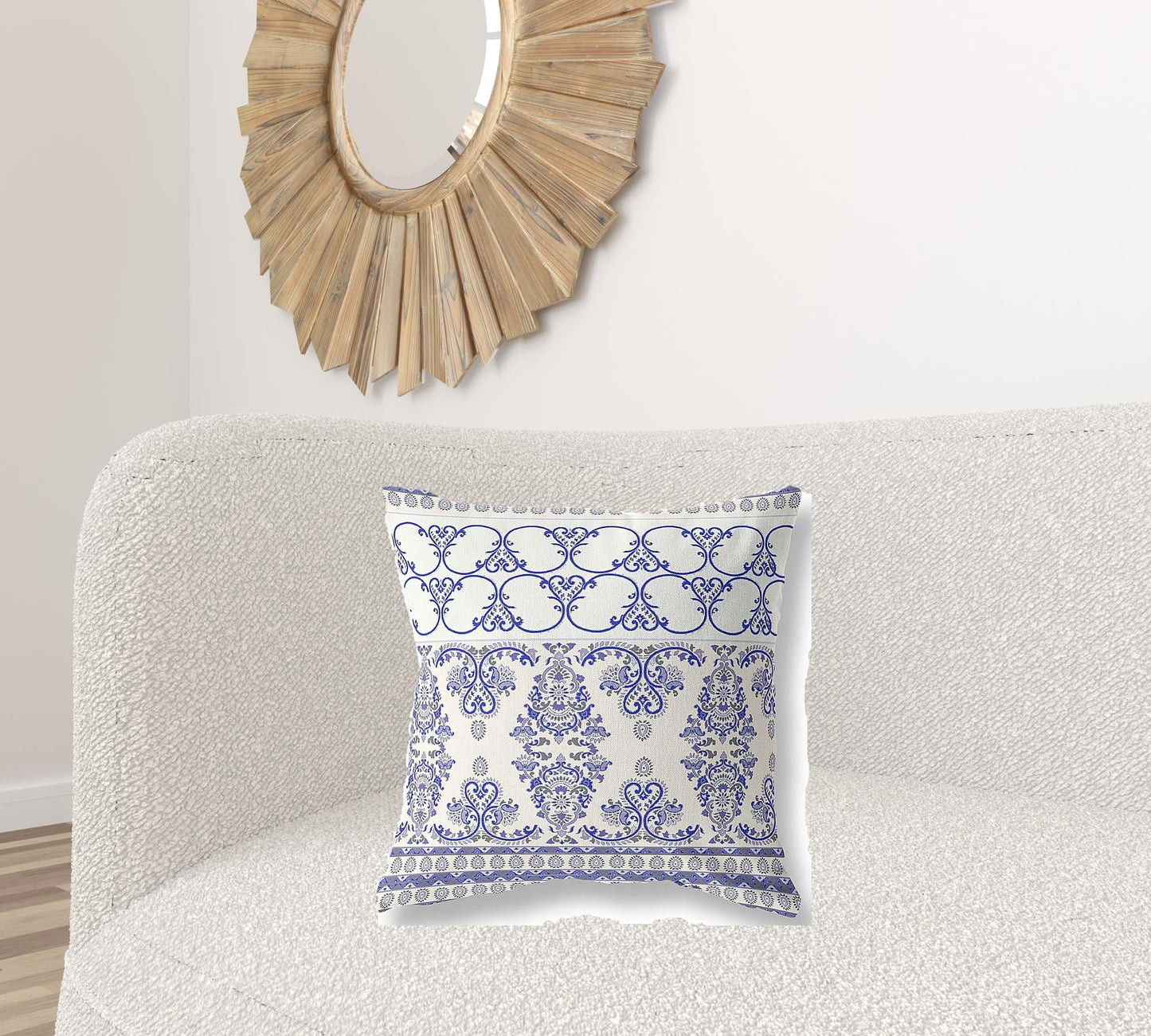 20" X 20" White And Blue Stencil Blown Seam Suede Throw Pillow FurniFindUSA