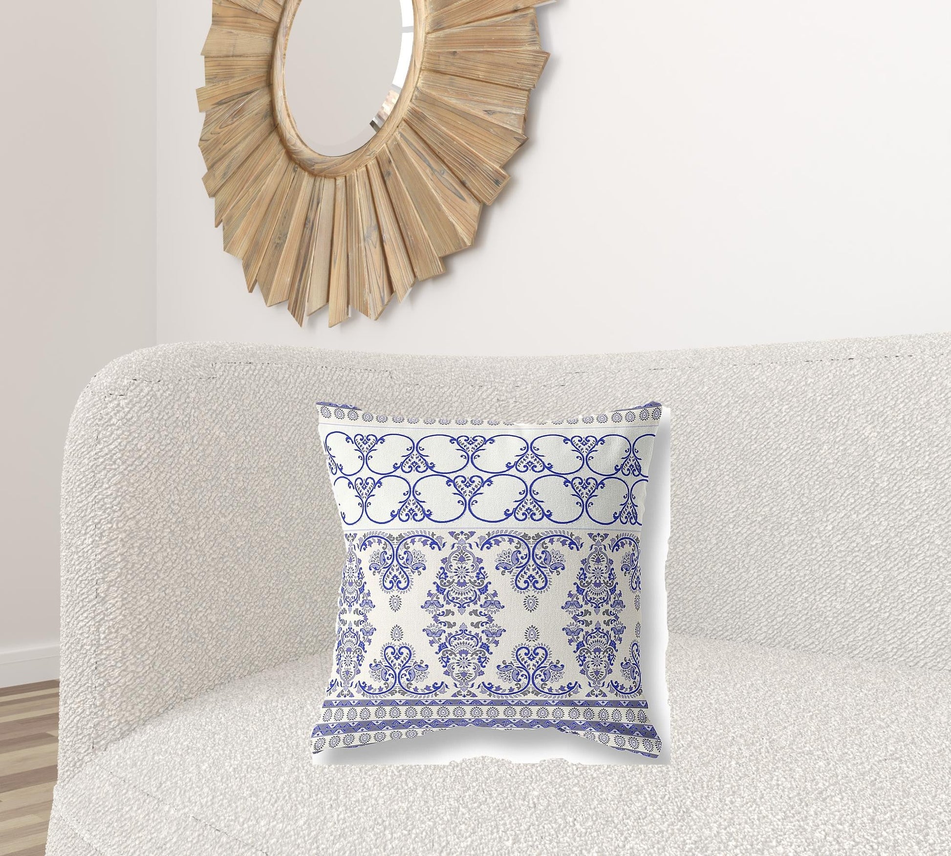 20" X 20" White And Blue Stencil Blown Seam Suede Throw Pillow FurniFindUSA
