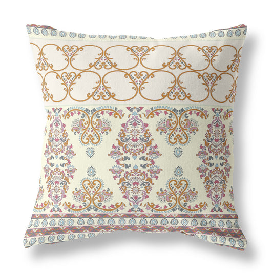 20" X 20" Off White And Orange Stencil Blown Seam Suede Throw Pillow FurniFindUSA