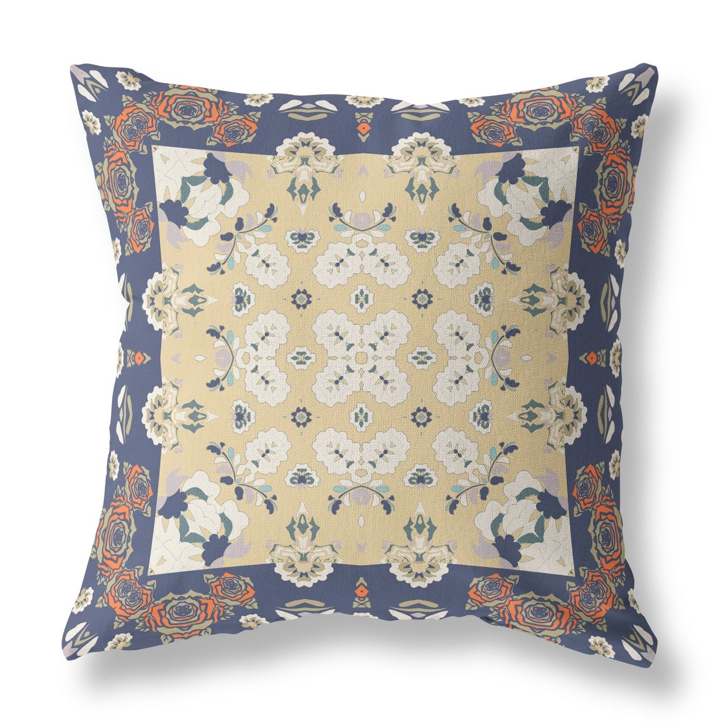 20" X 20" Blue Yellow Floral Blown Seam Suede Throw Pillow FurniFindUSA