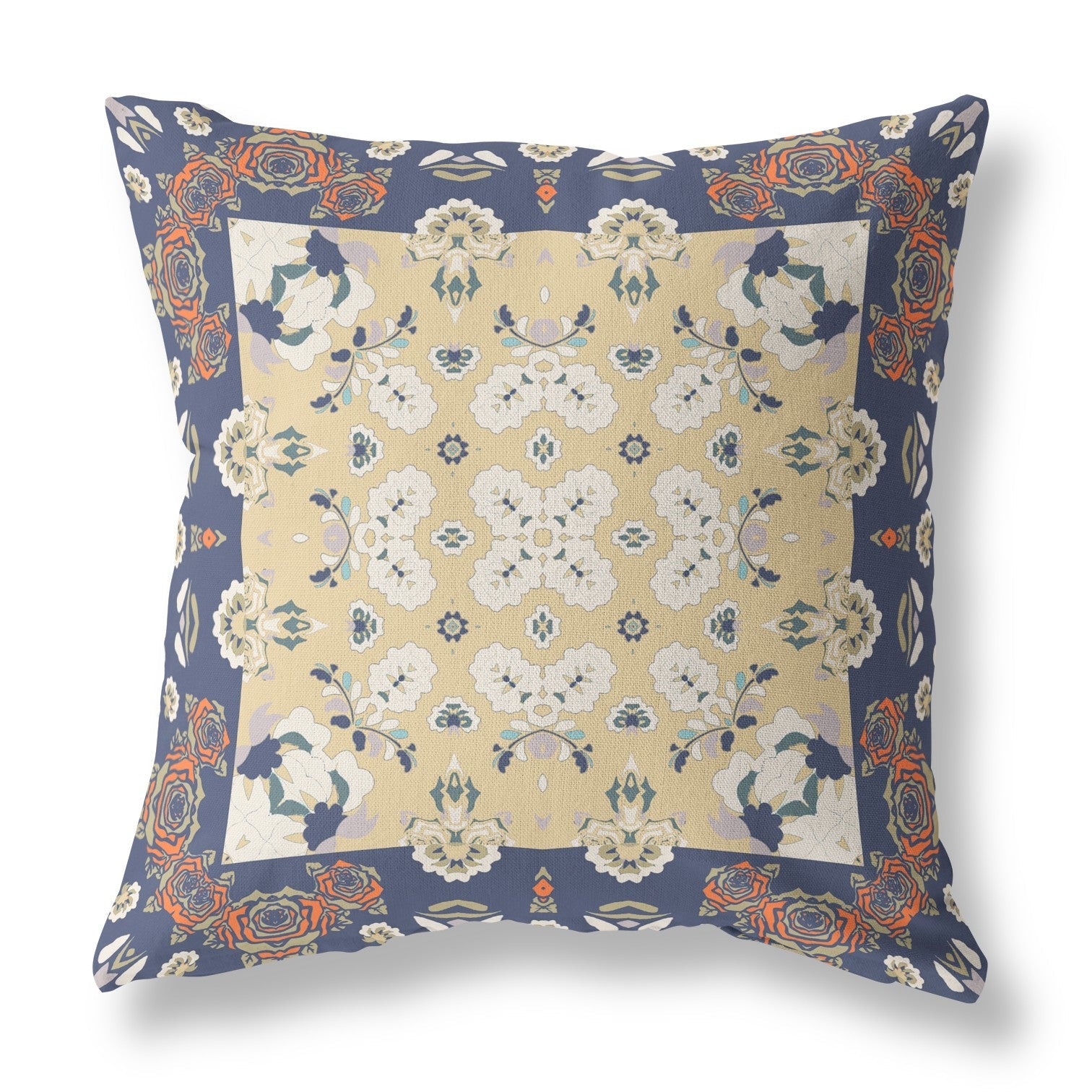 20" X 20" Blue Yellow Floral Blown Seam Suede Throw Pillow FurniFindUSA