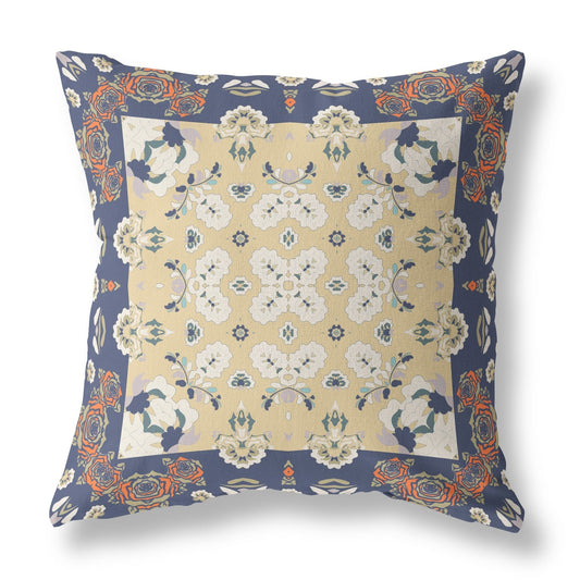 20" X 20" Blue Yellow Floral Blown Seam Suede Throw Pillow FurniFindUSA