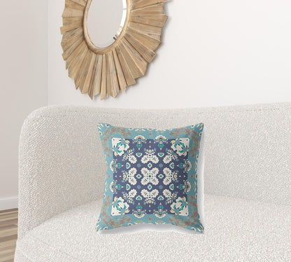 20" X 20" Gray And Blue Floral Blown Seam Suede Throw Pillow FurniFindUSA