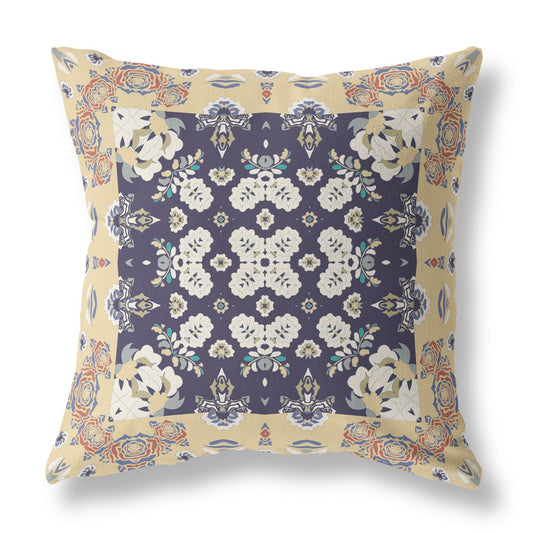 20" X 20" Yellow And Navy Floral Blown Seam Suede Throw Pillow FurniFindUSA