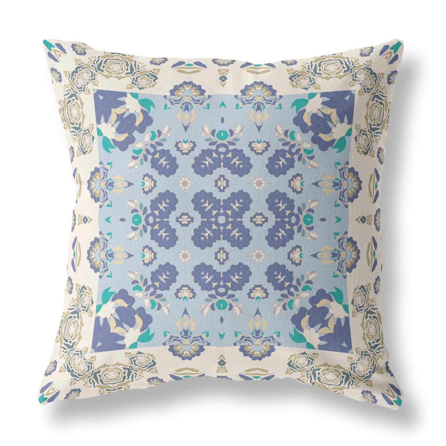 20" X 20" Off White And Blue Floral Blown Seam Suede Throw Pillow 5.0" (L) x 20.0" (W) x 20.0" (H) FurniFindUSA