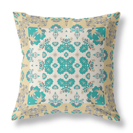 20" X 20" Yellow And White Floral Blown Seam Suede Throw Pillow FurniFindUSA