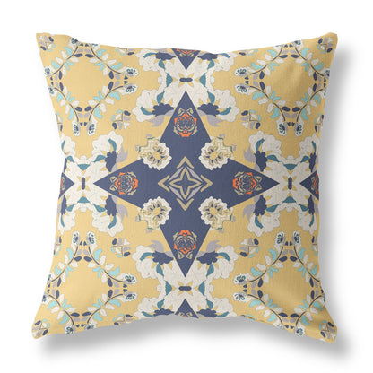20" X 20" Yellow And Blue Floral Blown Seam Suede Throw Pillow FurniFindUSA