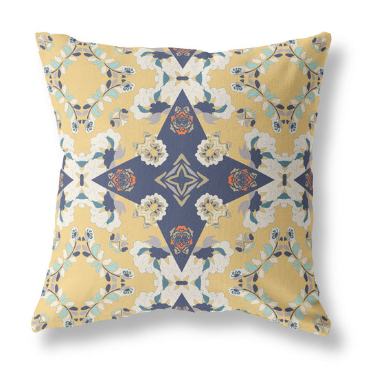 20" X 20" Yellow And Blue Floral Blown Seam Suede Throw Pillow FurniFindUSA