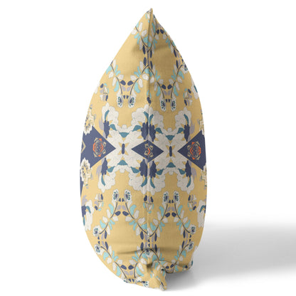20" X 20" Yellow And Blue Floral Blown Seam Suede Throw Pillow FurniFindUSA