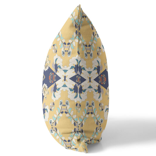 20" X 20" Yellow And Blue Floral Blown Seam Suede Throw Pillow FurniFindUSA
