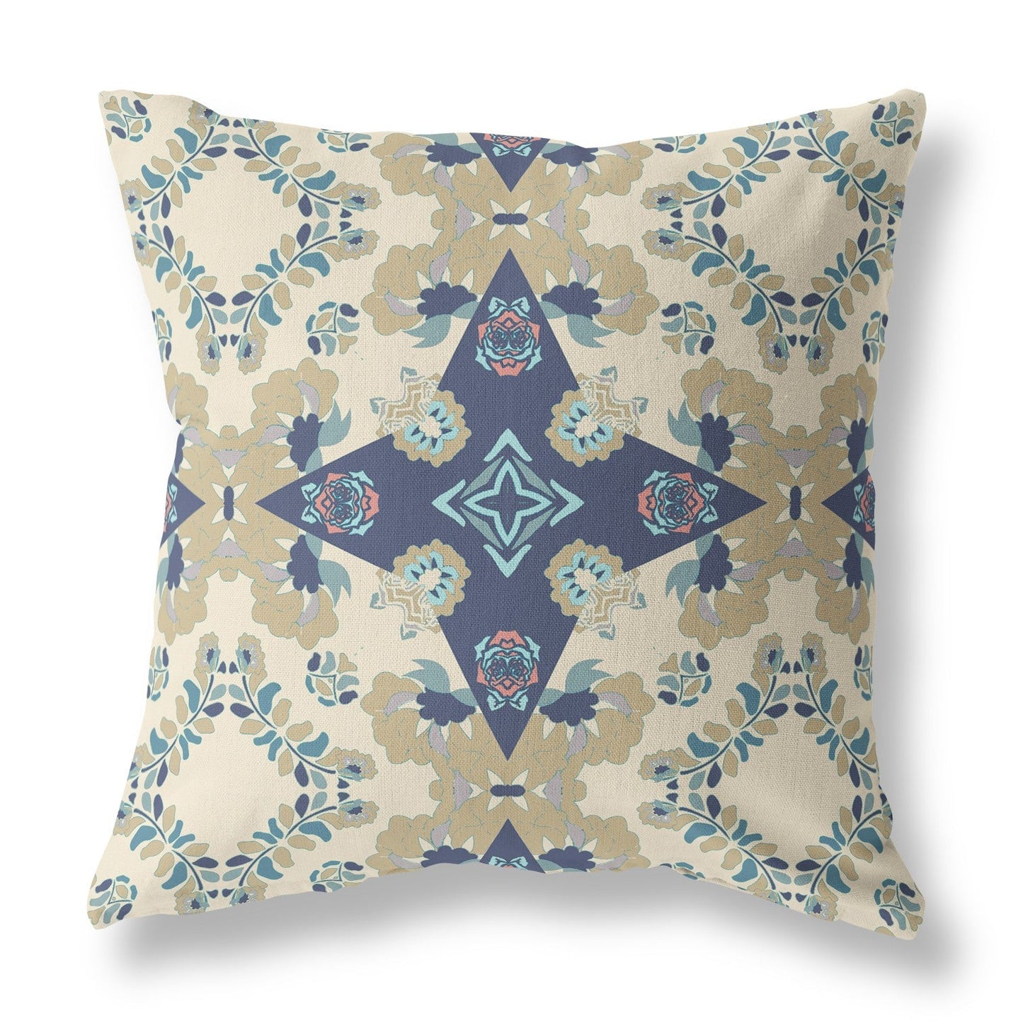 20" X 20" Cream And Blue Floral Blown Seam Suede Throw Pillow FurniFindUSA