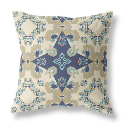 20" X 20" Cream And Blue Floral Blown Seam Suede Throw Pillow FurniFindUSA