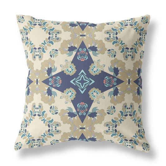20" X 20" Cream And Blue Floral Blown Seam Suede Throw Pillow FurniFindUSA