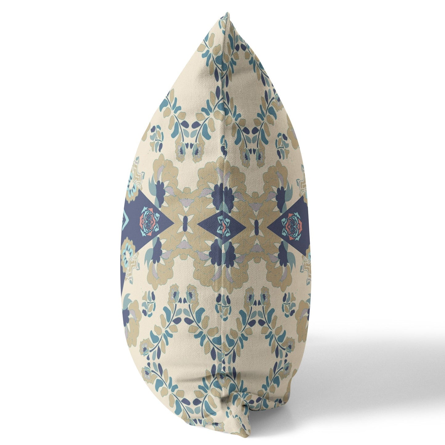 20" X 20" Cream And Blue Floral Blown Seam Suede Throw Pillow FurniFindUSA