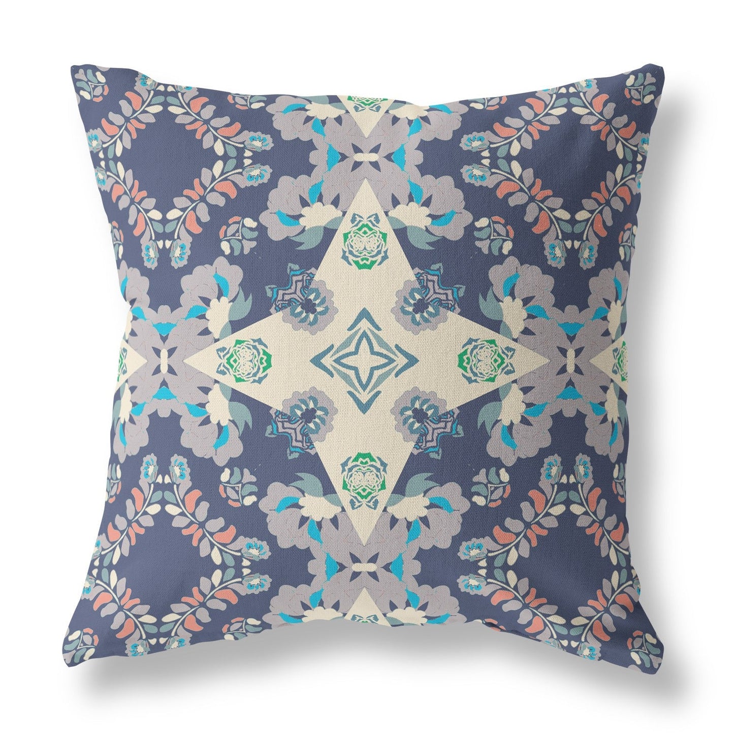 20" X 20" Blue And Off White Floral Blown Seam Suede Throw Pillow FurniFindUSA