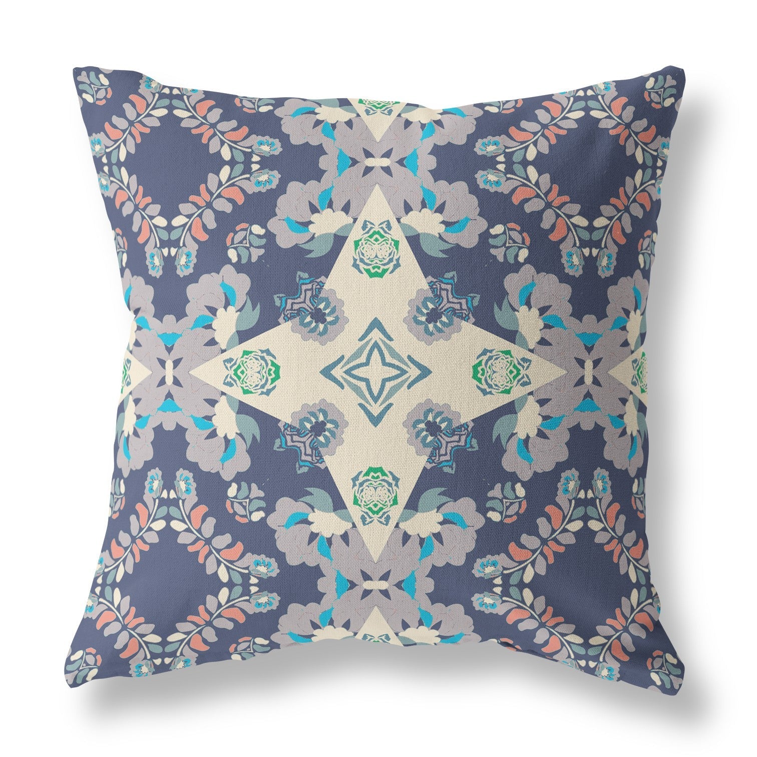 20" X 20" Blue And Off White Floral Blown Seam Suede Throw Pillow FurniFindUSA