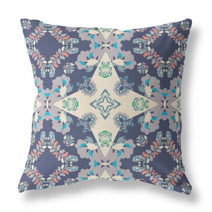 20" X 20" Blue And Off White Floral Blown Seam Suede Throw Pillow FurniFindUSA