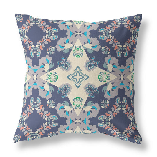20" X 20" Blue And Off White Floral Blown Seam Suede Throw Pillow FurniFindUSA