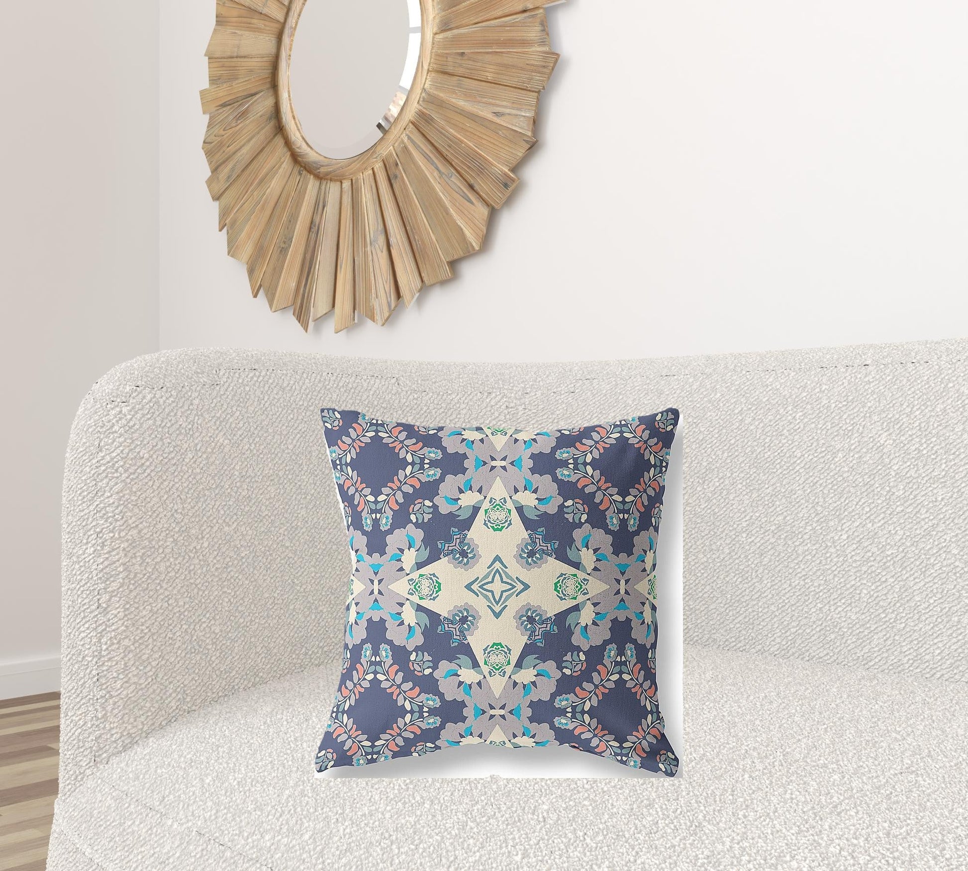 20" X 20" Blue And Off White Floral Blown Seam Suede Throw Pillow FurniFindUSA
