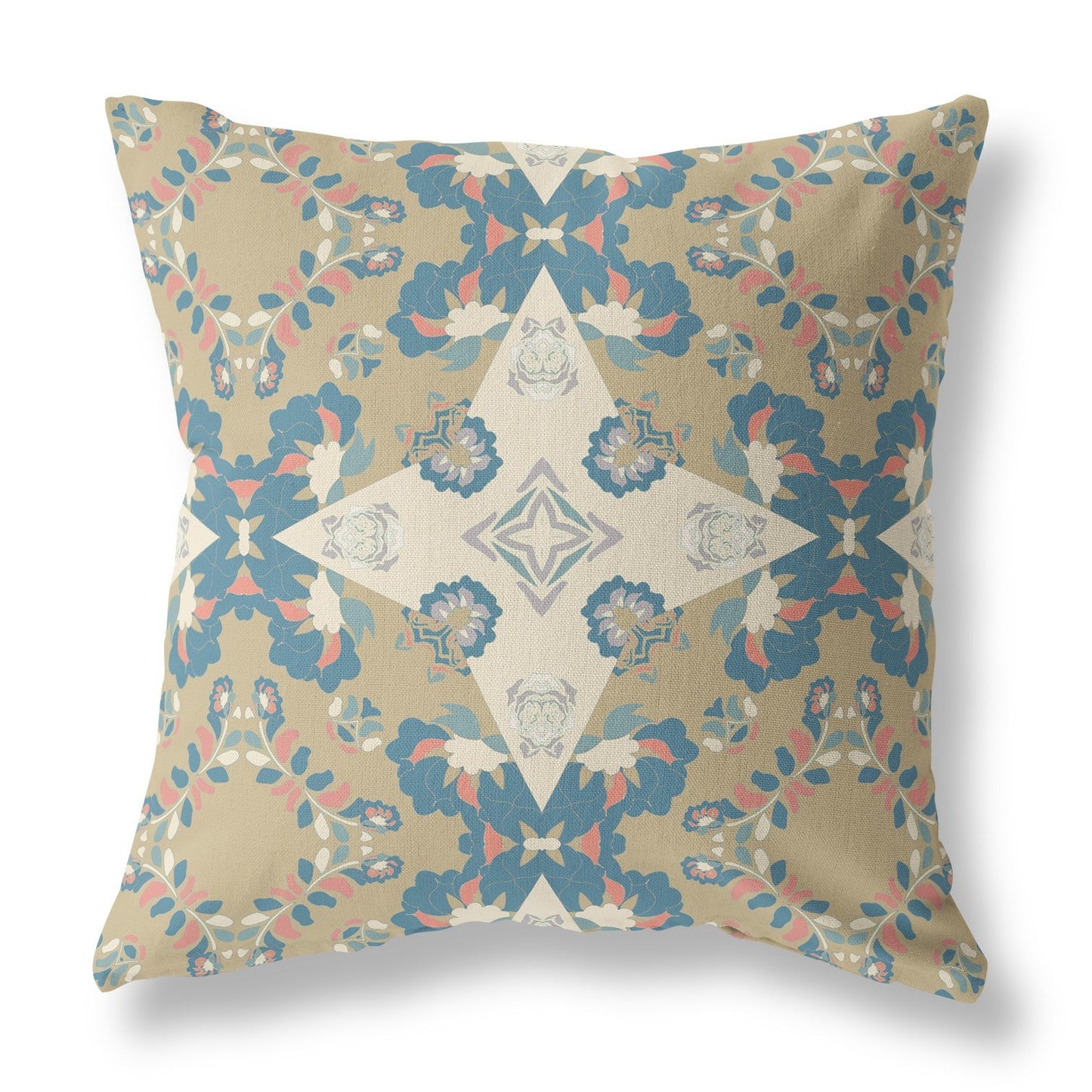 20" X 20" Muted Yellow And Teal Floral Blown Seam Suede Throw Pillow FurniFindUSA