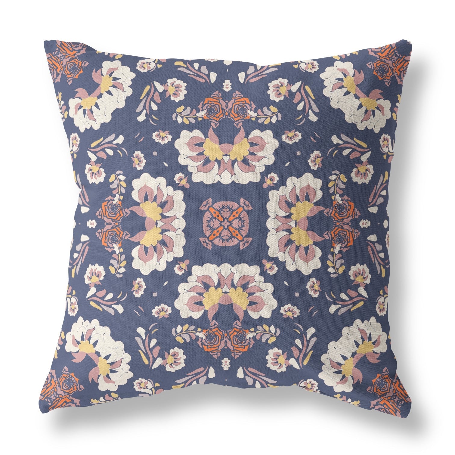 20" X 20" Blue And White Floral Blown Seam Suede Throw Pillow FurniFindUSA