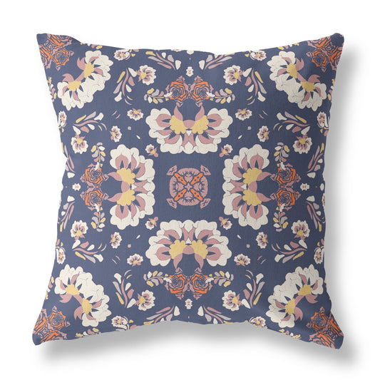 20" X 20" Blue And White Floral Blown Seam Suede Throw Pillow FurniFindUSA