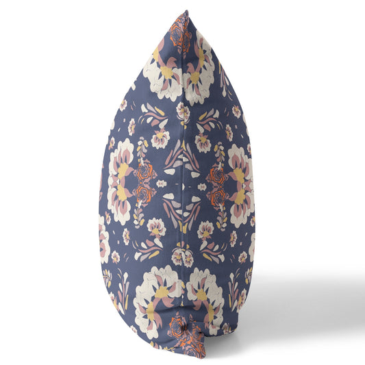 20" X 20" Blue And White Floral Blown Seam Suede Throw Pillow FurniFindUSA