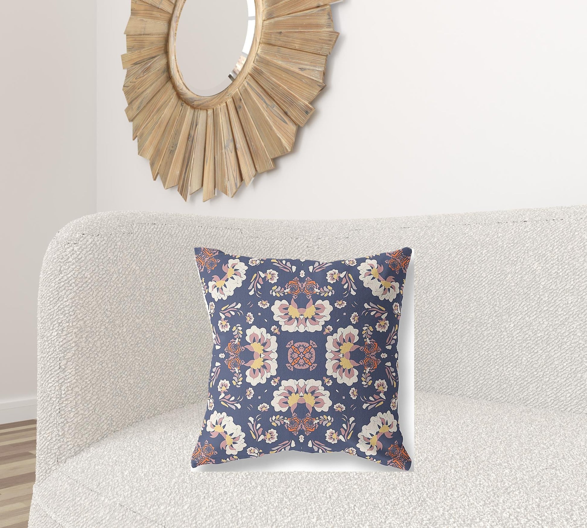 20" X 20" Blue And White Floral Blown Seam Suede Throw Pillow FurniFindUSA
