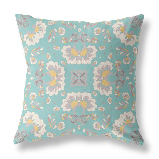 20" X 20" Green And White Floral Blown Seam Suede Throw Pillow FurniFindUSA